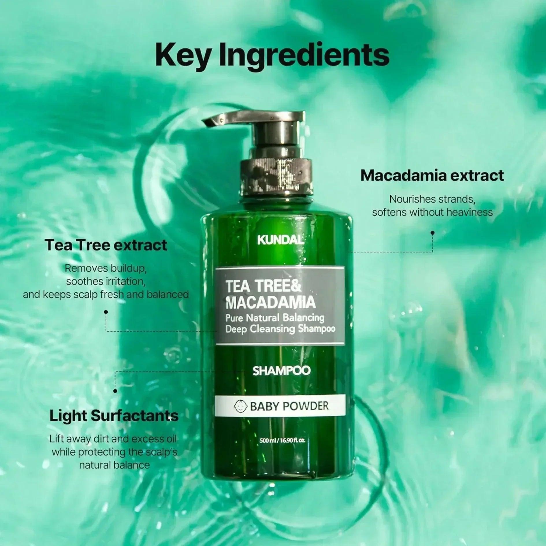 KUNDAL Tea Tree & Macadamia Pure Natural Balancing Deep Cleansing Shampoo White Musk 500ml - Orion Beauty