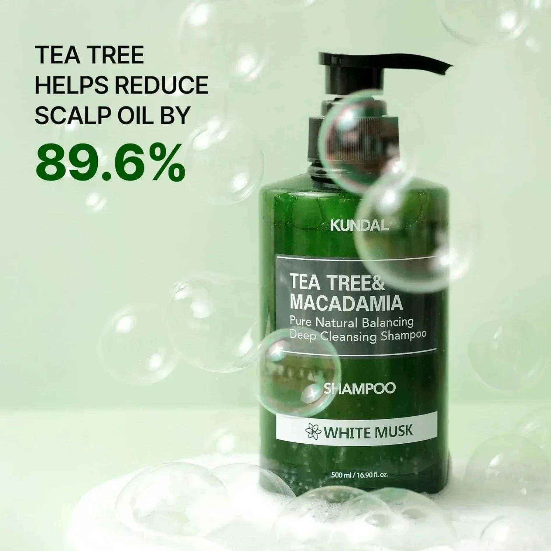 KUNDAL Tea Tree & Macadamia Pure Natural Balancing Deep Cleansing Shampoo White Musk 500ml - Orion Beauty